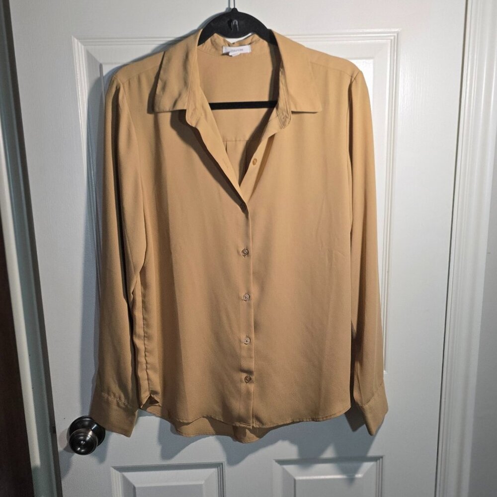 Women's Button Up, Lightweight, Long Sleeve, Tan, Blouse